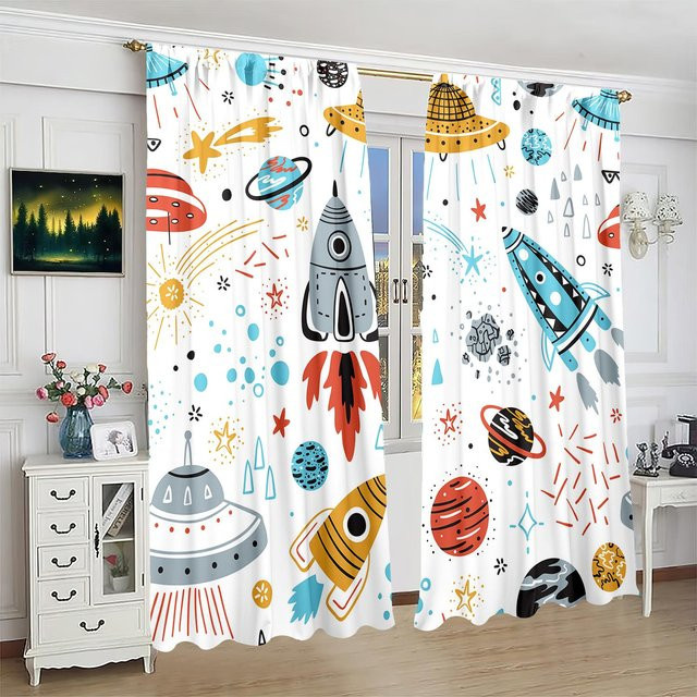 Yiran Furniture 2er-Set Vorhänge mit Cartoon Raumschiff und Raketenprint aus Polyester, Mehrfarbig, B/H: 132 x 213 cm - Bild 1