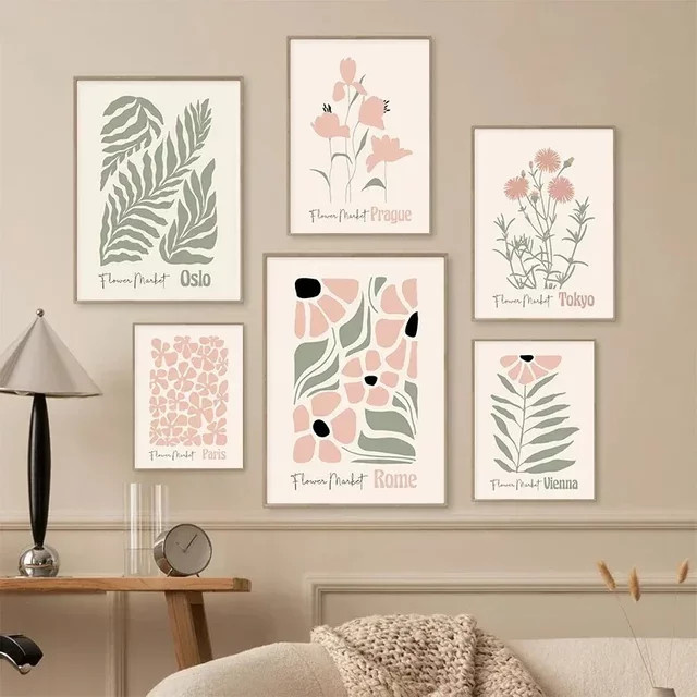 Potdemiel Boho Kunstposter mit botanischen Blättern und Blumen in Pastellgrün, minimalistisches Leinwandgemälde für deine moderne Wanddekoration - Bild 1