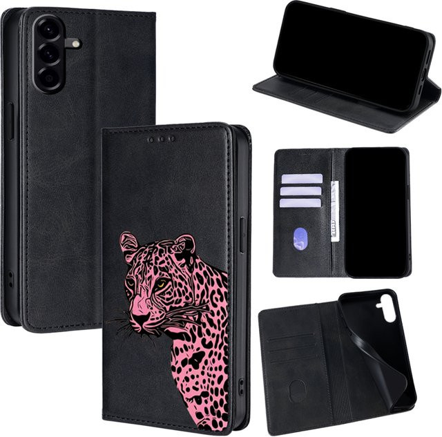 Samsung Magnetische Leder-Wallet-Hülle mit Gepardenmuster für Galaxy S25 Ultra S25 FE S24 S23 S22 Plus A17 A07 A56 A36 A26 Flip in Pink - Bild 1