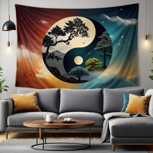 Vikama Premium Tai Chi Yin Yang Wandteppich mit Naturlandschaft, Wolke und Mond, Mehrfarbig, Breite: 70 cm, Höhe: 100 cm - Bild 1
