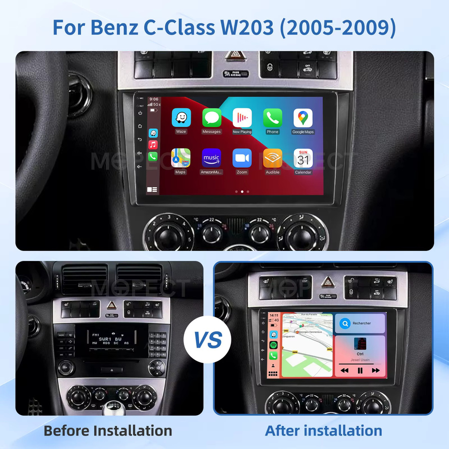 MOPECT Android 15 Autoradio mit Carplay für Mercedes Benz C-Klasse W203 und CLK C209 in Schwarz mit DAB+ und optionaler AHD Kamera - Bild 3