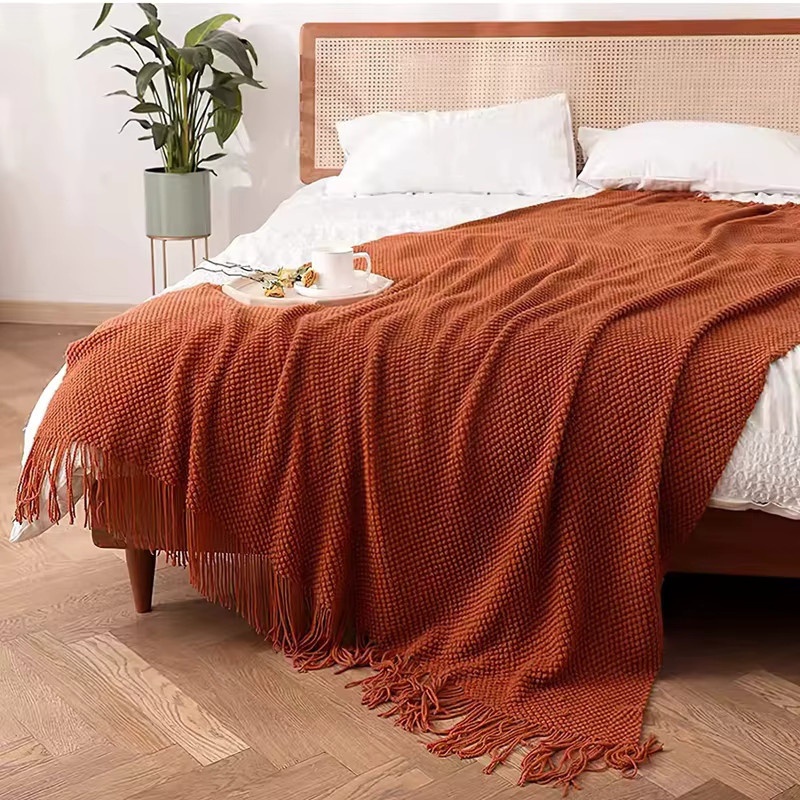 Inyahome Strickdecke mit Quasten im Vintage-Stil, Orange und Grau, B/B/H: 172 x 127 cm - Bild 4