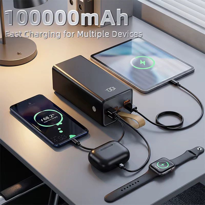 Cohana Powerbank 100000mAh mit 22,5W Schnellladefunktion, schwarzes tragbares Ladegerät mit LED-Digitalanzeige, integrierter Taschenlampe und Tragegurt zum gleichzeitigen Laden von 7 Geräten - Bild 6