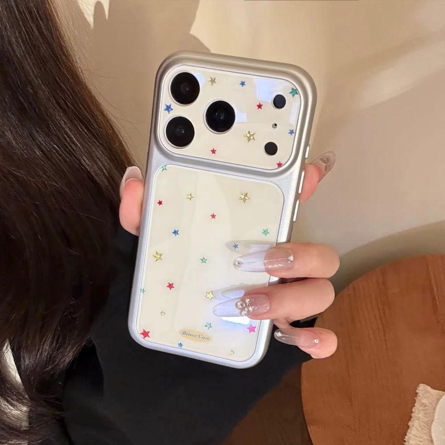Glänzende Apple iPhone Handyhülle mit versilbertem Fünfzackiger Stern Muster und Farbvergoldung in Gold, Silber und Beige für iPhone 13 bis iPhone 17 Pro Max - Bild 3