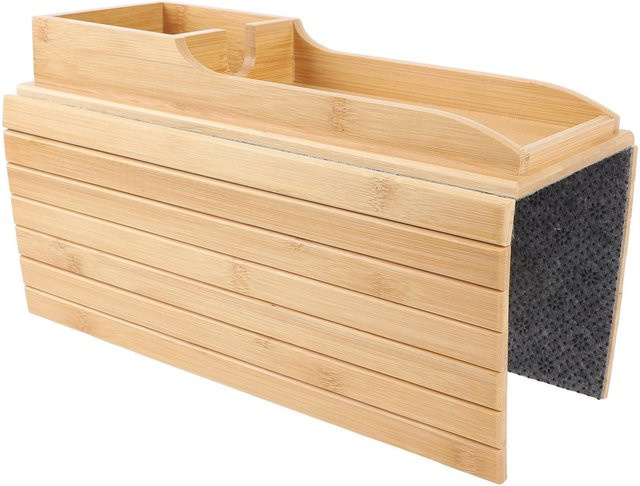Koogeelife Sofa Armlehnenablage aus Bambusholz in Braun, faltbarer Couch Organizer mit Getränkehalter und Mobiltelefonhalter - Bild 1