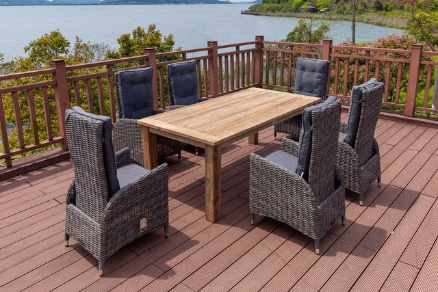 OUTFLEXX Garten-Essgruppe aus Polyrattan und Teakholz in Grau mit Tisch und 6 Hochlehner-Diningsesseln inklusive Polster, Tisch Breite: 200 cm, Tiefe: 100 cm - Bild 1