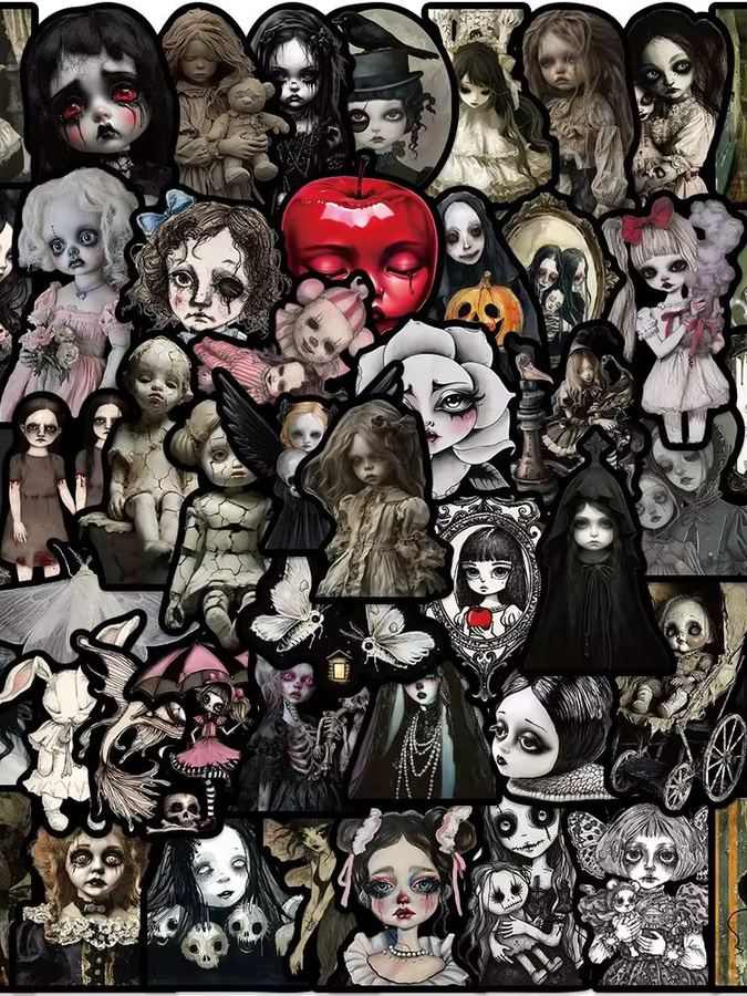 50 Stück PickJoy Gothic Horror Puppen Aufkleber in Pink und Multicolour, gruselige ästhetische Vinyl Sticker für Wandkunst und Dekoration - Bild 5