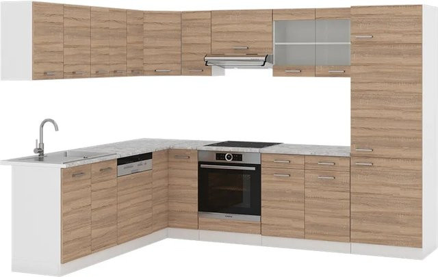 Vicco R-Line Eckküche Einbauküche in Sonoma Eiche mit Marmor-Optik, B/T/H: 227 x 287 x 207 cm - Bild 2