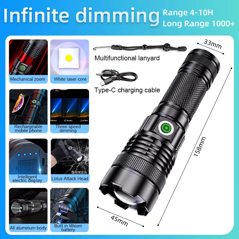 ESMARTER LED Taschenlampe aus Aluminium in Schwarz mit stufenloser Dimmung und Zoom-Funktion, wasserdicht und wiederaufladbar - Bild 5