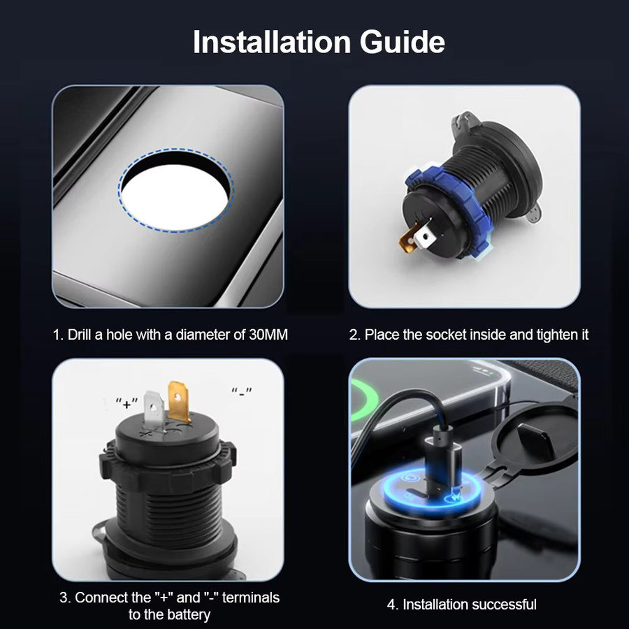 kebidumei USB-Autoladegerät-Adapter mit QC3.0 und PD 30W, Mehrfach-Port-Steckdose mit Schalter, wasserdicht, Schwarz, 12V/24V für Autos, Boote, Motorräder und LKW - Bild 6