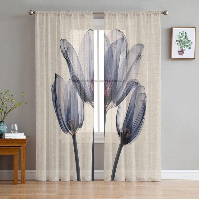 Transparentes Tulpen-Voile-Vorhang von A Family Of Home Textiles in Blau mit floralem Design, B: 135 cm, H: 114 cm - Bild 1