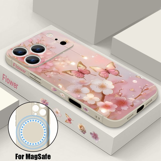 YISHANGOU Handyhülle mit Schmetterlingsmuster für iPhone 11 bis iPhone 17 Pro Max, magnetisch für MagSafe, inklusive Lanyard, Farbe: Pink/Lila - Bild 1