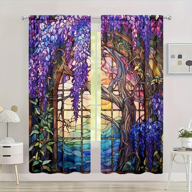 Yiran Furniture Vorhang Set mit Buntglas-Glyzinien-Blumenmuster, 2 Stück, halbtransparent, Mehrfarbig, B: 50 cm, H: 130 cm - Bild 1