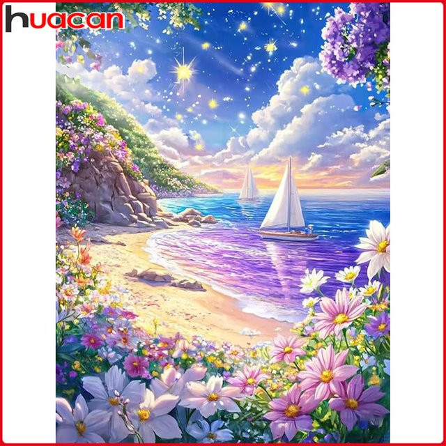 Huacan 5D-Diamantgemälde zum Selbermachen mit maritimem Motiv Segelboot und floralen Elementen in Multicolour - Bild 1