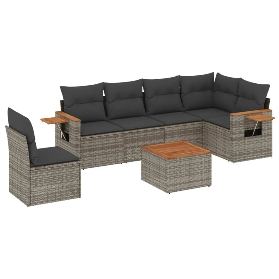 vidaXL 7-teilige Garten-Sofagarnitur in L-Form aus Poly-Rattan und Akazienholz in Grau mit Kissen - Bild 2