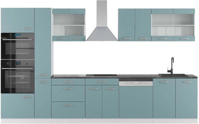 Vicco R-Line Küchenzeile Blau-Grau/Weiß mit Hochschrank Anthrazit, Breite: 350 cm - Bild 1