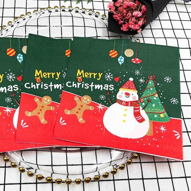 GUANYAO Weihnachtsservietten Set mit Schneemann und Tannenbaum, 20 Stück, Grün und Rot, Breite: 33 cm - Bild 1