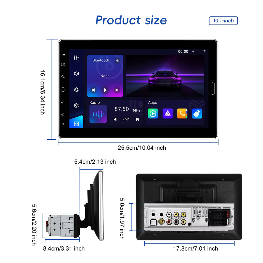 Podofo 1DIN Autoradio mit 10,1 Zoll abnehmbarem Bildschirm, MP5 Multimedia-Player mit kabellosem Carplay, Android Auto und Bluetooth, Schwarz - Bild 6