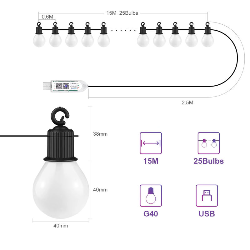 SerRickDon G40 LED Festoon-Lichterkette mit WLAN und Bluetooth, USB-Betrieb, Farbe: Weiß, ideal für Zimmer, Garten und Camping - Bild 2