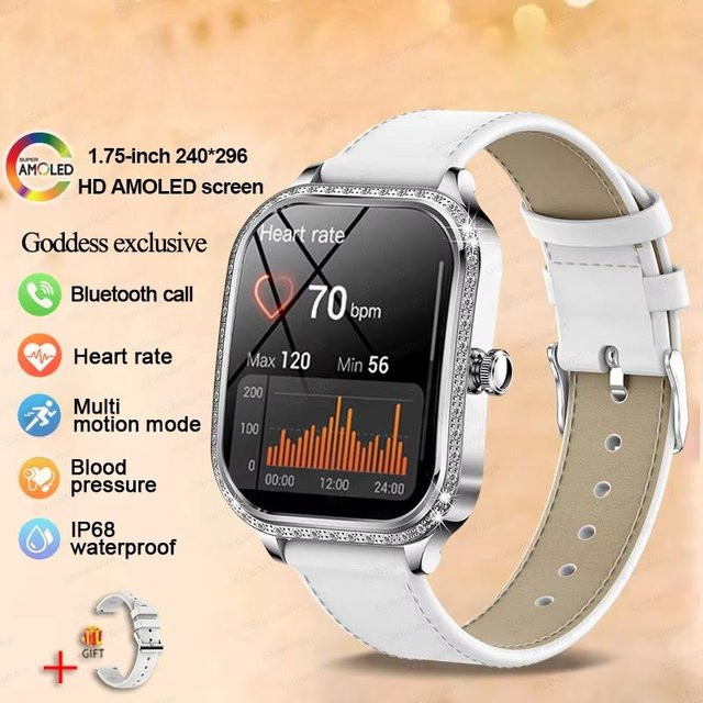 QLY Online Smartwatch für Damen mit 1,75 Zoll AMOLED gebogenem Display, IP68 wasserdicht, Bluetooth Anruffunktion, Herzfrequenz- und SpO2-Messung, Silber mit Lederarmband - Bild 1