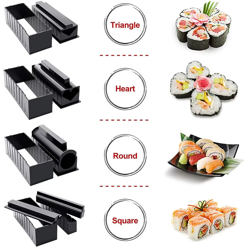 LMETJMA 10-teiliges Sushi-Maker-Set aus Kunststoff in Schwarz zur Herstellung von Sushi-Reisbrötchen, rechteckige Formpresse KC0473 - Bild 2