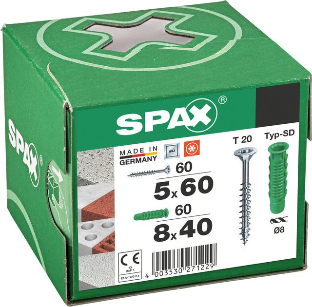 Spax WIROX Dübel-Schrauben-Set mit 120 Teilen, Spreizdübel Typ SD 8x40 und Universalschrauben 5x60 in Mehrfarben - Bild 1
