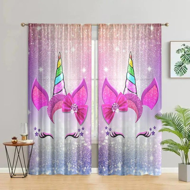 2er-Set Einhorn Fantasy Collage Vorhänge, halbtransparent, rosa, B: 150 cm, H: 166 cm - Bild 1