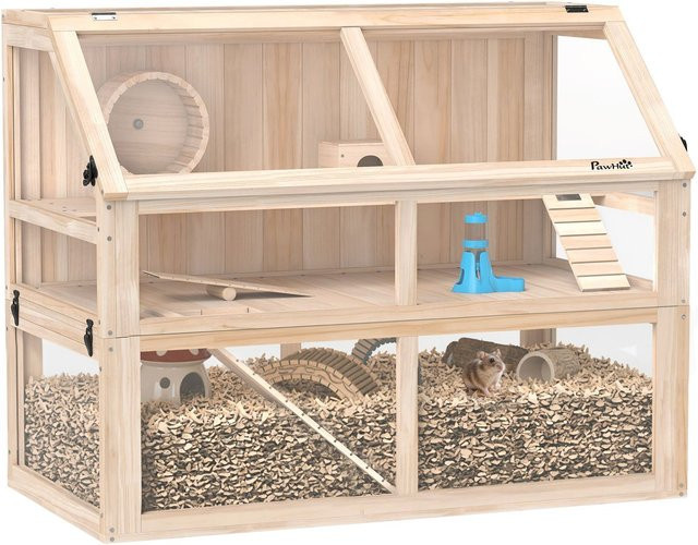 PawHut Hamsterkäfig aus Fichtenholz mit 3 Etagen, Laufrad, Wippe und Hütte in Naturholz und Transparent - Bild 1