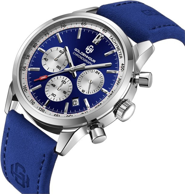 GOLDENHOUR Chronograph, Quarz, Goldgehäuse, blaues Zifferblatt, Lederarmband, Herren - Bild 1