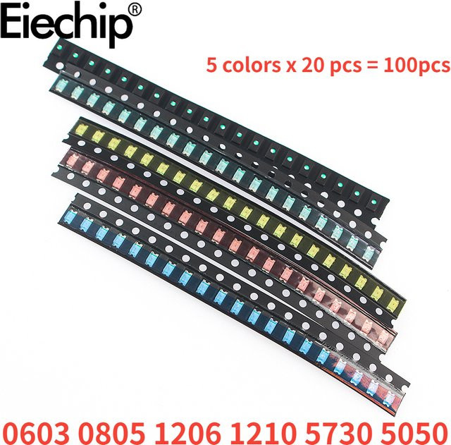 100 Stück SMD LED Leuchtdioden-Kit mit 5 Farben Rot, Weiß, Gelb, Grün und Blau für 0603 0805 1206 1210 5730 5050 Gehäusegrößen - Bild 1
