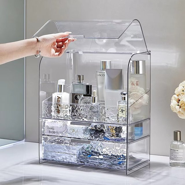XIAOGUI Make-up-Aufbewahrungsbox aus Acryl in Transparent mit Wasserwelligkeit-Design zur Organisation von Kosmetik und Hautpflege - Bild 1
