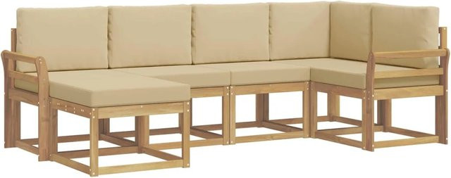 vidaXL Outdoor-Sofagarnitur in L-Form aus Akazienholz mit Kissen, 6-teilig, Weiß und Beige - Bild 1