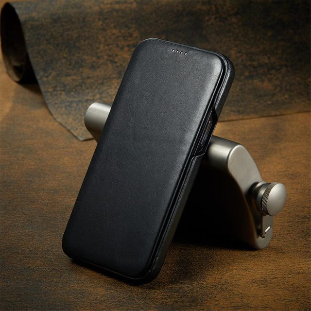 LANGSIDI Magnetische Klapphülle aus echtem Leder für iPhone in Schwarz mit 360 Grad Vollschutz - Bild 1