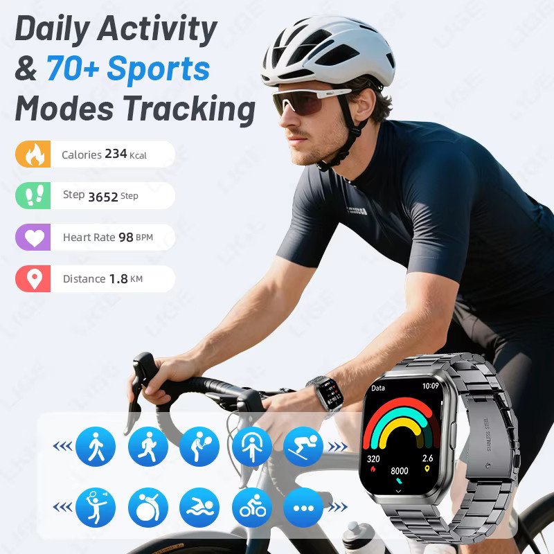 LIGE Smartwatch in Silber mit 1,83 Zoll HD-Display, IP68 wasserdicht, Bluetooth-Anrufe und 1000mAh Akku für Herren - Bild 3