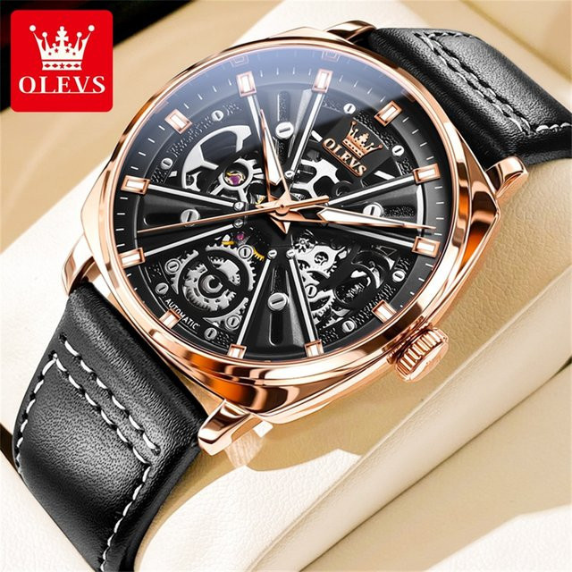 OLEVS Armbanduhr Automatik, Skelett, Schwarz, Leder, Herren - Bild 1