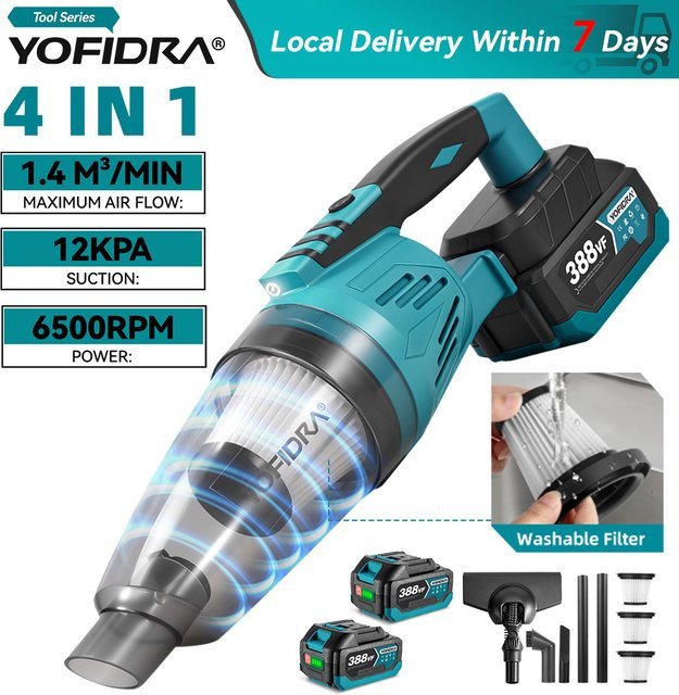 YOFIDRA 4in1 Elektrischer Akku-Staubsauger 1500W mit 12Kpa Saugkraft in Türkis für Haus, Auto und Garten, kompatibel mit Makita Akku - Bild 1