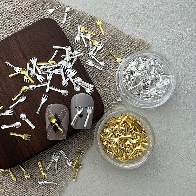 felaxuu Nagel Charms Mini Metall Gabel Löffel, Gold Silber, 50 Stück - Bild 1