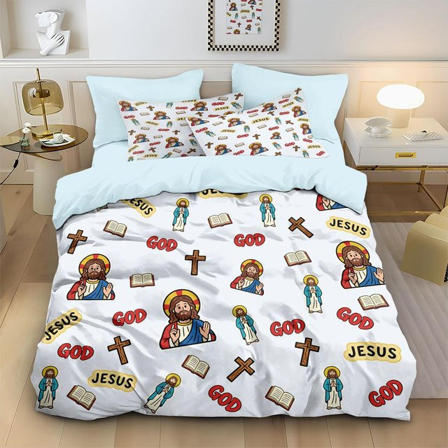 3-teiliges Jesus-Bibel Bettwäsche-Set aus Mikrofaser in Weiß, B/H: 210 x 210 cm - Bild 1