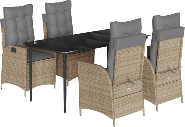 vidaXL 5-teilige Garten-Essgruppe aus Poly Rattan mit Kissen und Glastisch in Beige - Bild 1