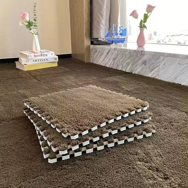 DHDH 16-teilige Spielmatte aus weichem Plüsch in Braun, quadratische Anti-Rutsch Schutzmatte für Kinder und Schlafzimmer - Bild 1