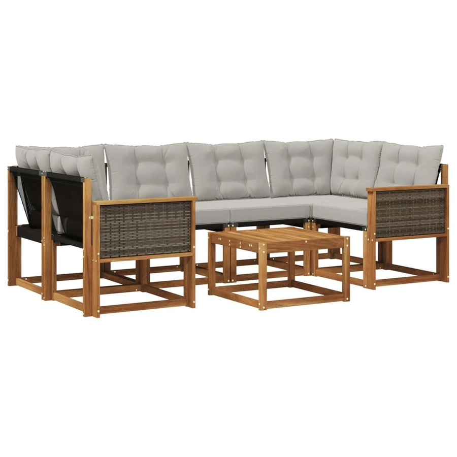 vidaXL Outdoor-Sofagarnitur L-Form aus Akazienholz mit 7 Textilene-Kissen in Grau und Natur - Bild 2