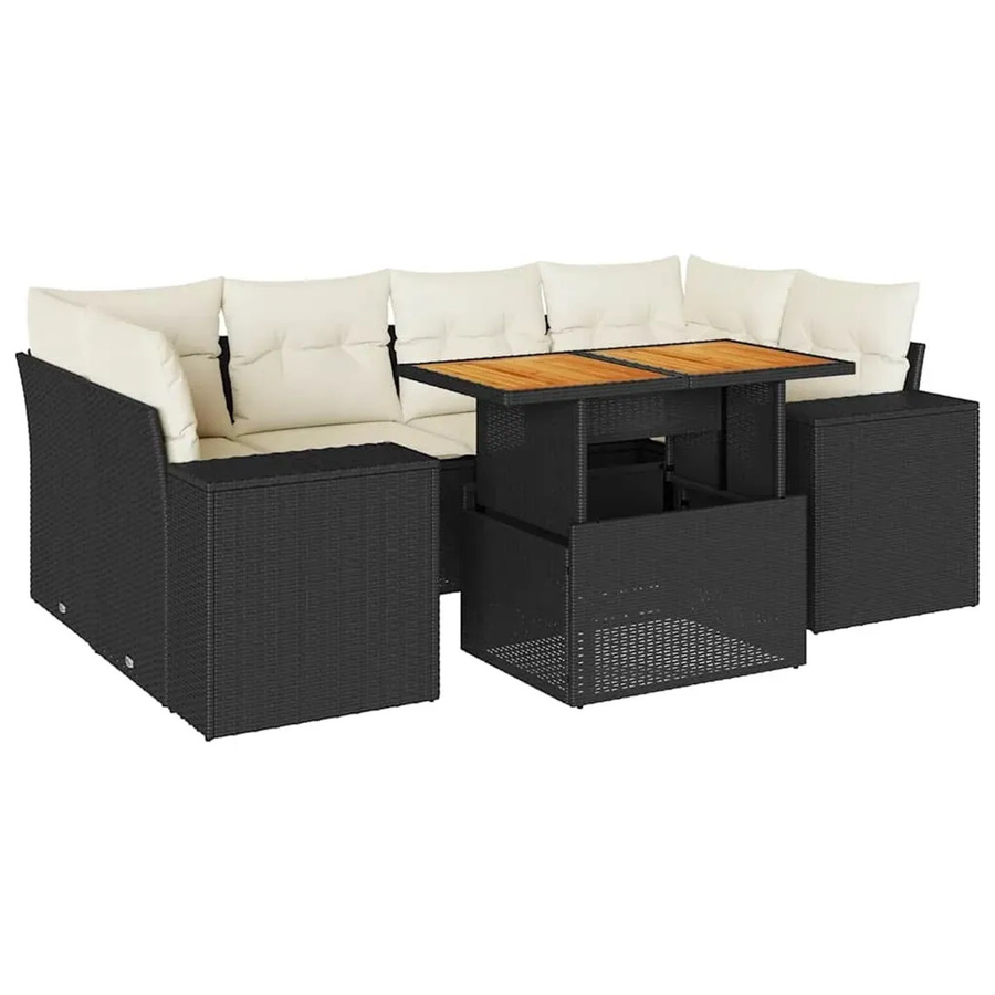 vidaXL 7-tlg Garten-Sofagarnitur in L-Form aus Poly-Rattan und Akazienholz mit Kissen in Schwarz-Creme - Bild 2