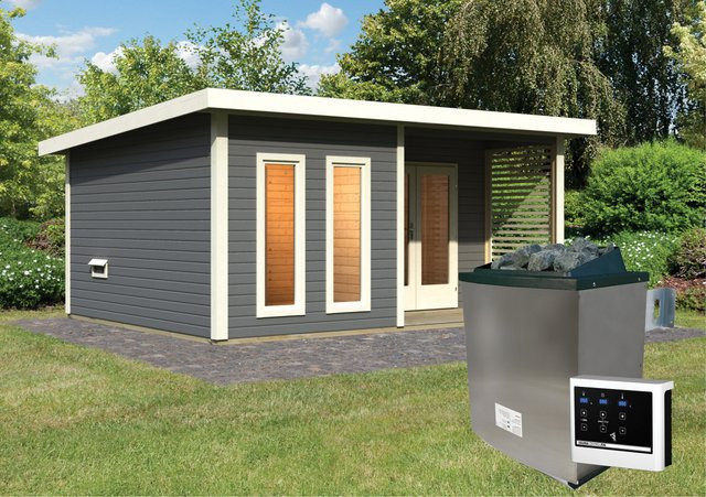 Saunahaus MAINBURG 5 mit Vorraum in Terragrau inklusive 9.0 kW Ofen, Steuergerät und Set B mit 3 Liegen, B: 509 cm, T: 369 cm, Saunafläche: 225 x 190 cm - Bild 1