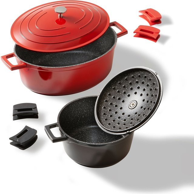 STONELINE Cocotte Bräter Set 2-teilig mit Deckeln aus Aluminium, Schwarz und Rot, Antihaftbeschichtung - Bild 1