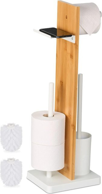Relaxdays WC Garnitur aus Bambus und Eisen in Weiß mit Ablage, B/T/H: 68 x 27 x 18 cm - Bild 1