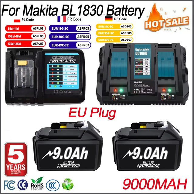 Bonacell Ersatzakku 18V 9000mAh Schwarz kompatibel mit Makita BL1830B BL1840B BL1860 BL1890 BL1815 BL1830 LXT400 Akku-Bohrschrauber - Bild 1