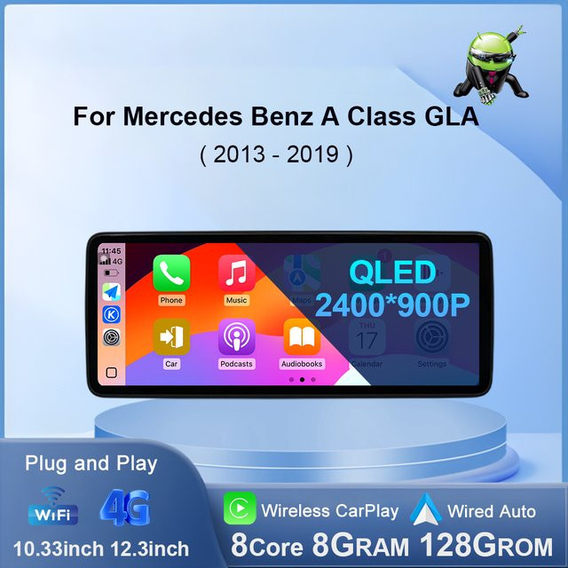 KJ-NAVI Android 14 Auto-Head-Unit mit Wireless CarPlay, GPS, 4G, WiFi und Bluetooth für Mercedes Benz A-Klasse 2013–2018 und GLA-Klasse 2015–2019, Schwarz - Bild 1