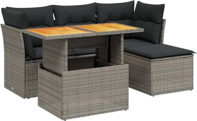 vidaXL 6-teilige Garten-Sofagarnitur in L-Form aus grauem Poly-Rattan mit Kissen und Akazienholz - Bild 1