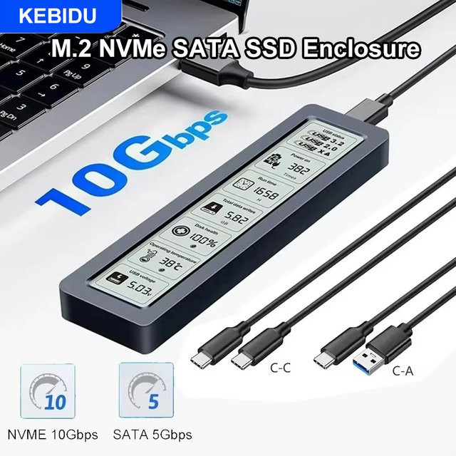 KEBIDU M.2 NVMe SATA SSD-Gehäuse mit visuellem Smart-Display, USB 3.2 Gen 2 10Gbps, Aluminium-Design inklusive USB-C-Adapter - Bild 1