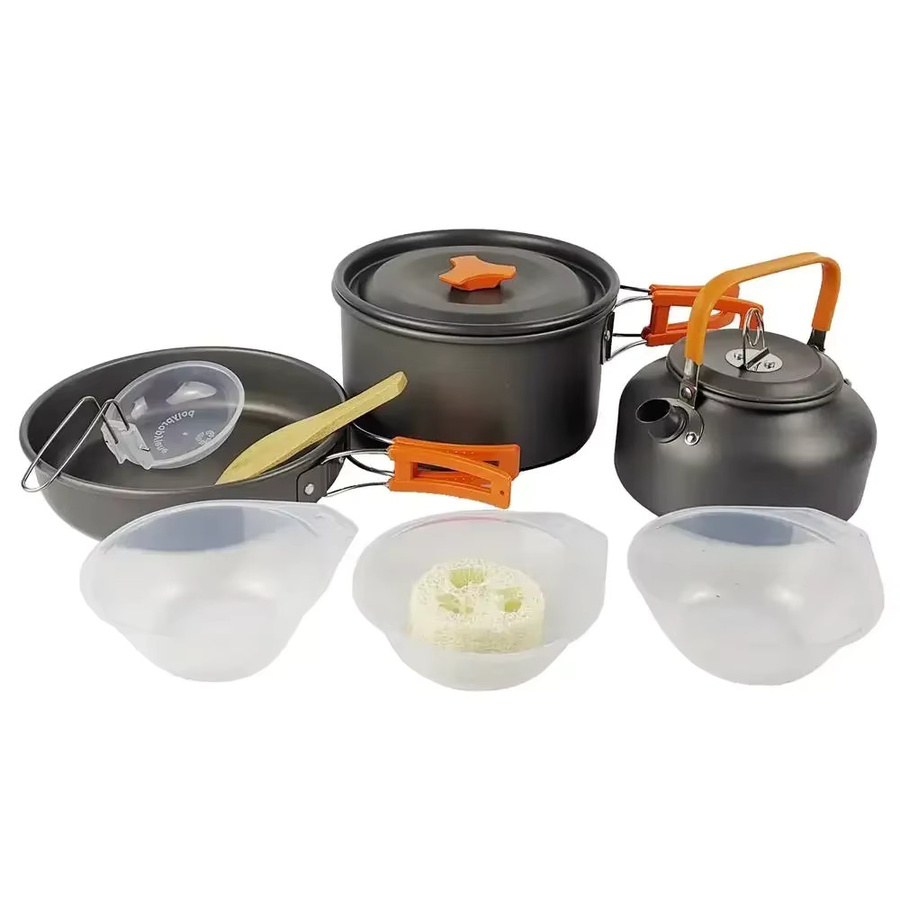 Tragbares Camping-Kochgeschirr-Set aus Aluminium in Grün mit Antihaftbeschichtung, bestehend aus Topf, Pfanne und Schüssel für Outdoor-Aktivitäten - Bild 2